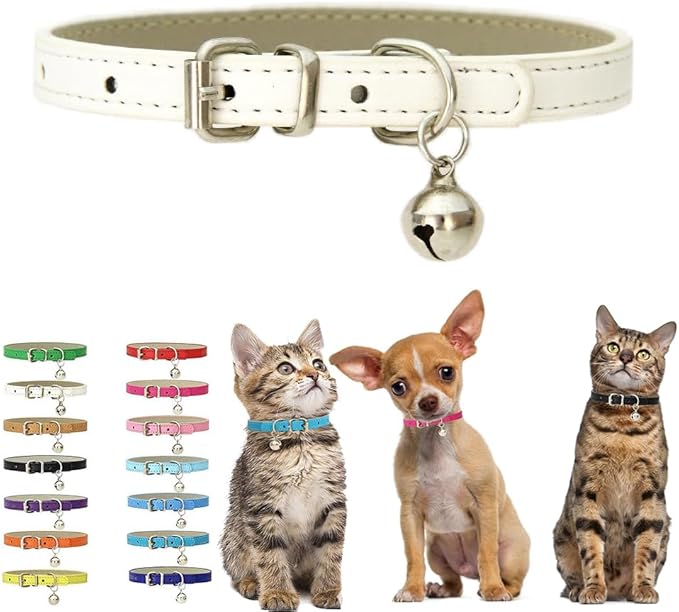 White Kitten Collar with Bell, Soft Pu Leather Small Dog Collars Adjustable Buckle for XXS XS Extra Small Medium Tiny Female Male Boys Girls Pets Puppy Cats Teacup Yorkie XX-Small