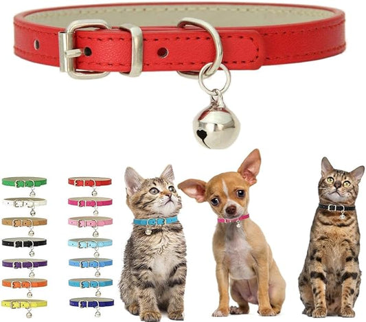 Red XXS Dog Collar with Bell, Soft Pu Leather Small Dog Collars Adjustable Buckle for XXS XS Extra Small Medium Tiny Female Male Boys Girls Pets Puppy Cats Teacup Yorkie XX-Small