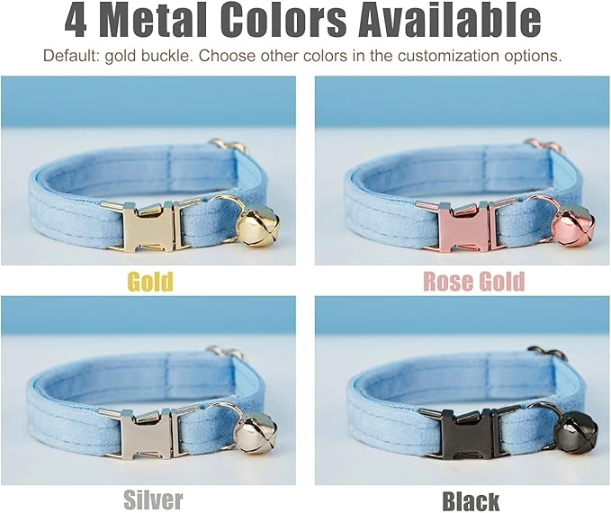 Personalized Cat Collar with Engraved Buckle – Custom Adjustable Kitten Collar with Bell, Choose Buckle Color or Breakaway Safety Design (Velvet)