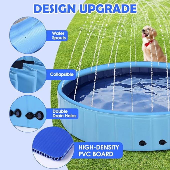 71" Large Dog Pool with Sprinkler, 2-in-1 Foldable Swimming Pool Non-Slip Hard Plastic Splash Sprinkler Kiddie Pool for Outdoor Backyard Kids Dogs Ducks and Pet Baths