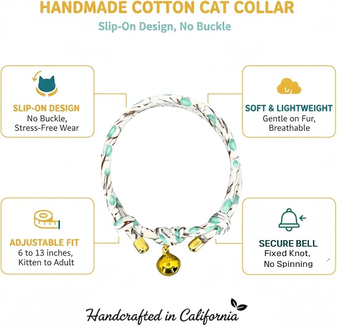 Handmade Cotton Spring Cat Collar with Bell – Adjustable Slip-On Design, No Buckle, Lightweight Rope Collar for Kittens, Indoor Cats, and Small Pets (Leaf-Mint)