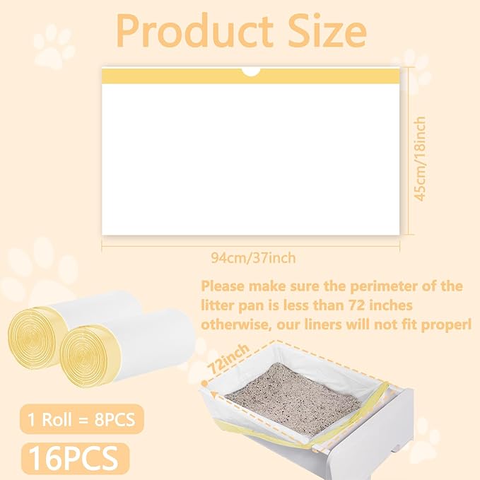 16 Count Cat Litter Box Liners - Large Drawstring Cat Litter Bags, Extra Thick Heavy Duty Durable Litters Tray Pet Cats Pan Liners, Waste Replacement Bags for Self-Cleaning Cats Litter Boxes 18" x 37"