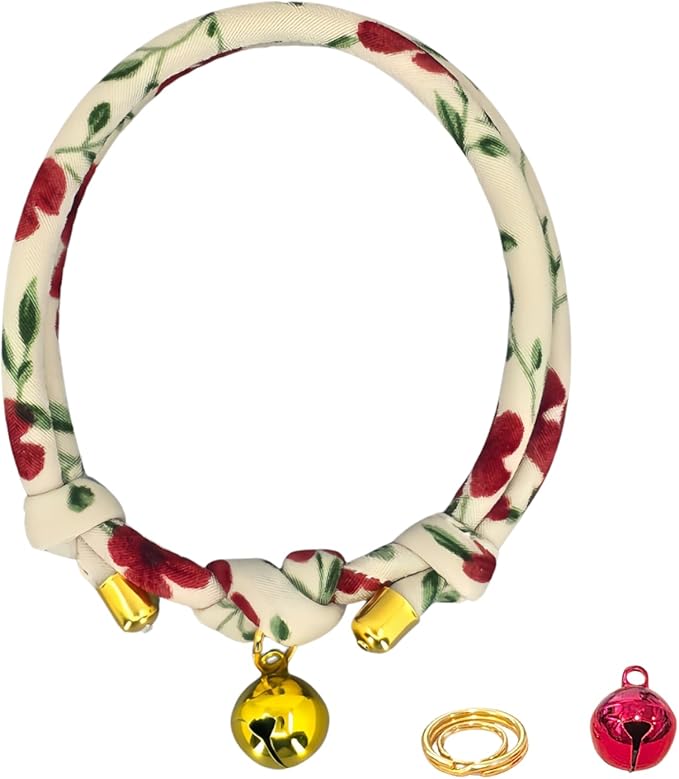 Cotton Christmas Cat Collar with Bell – Adjustable Slip-On Design, No Buckle, Lightweight Rope Collar for Kittens, Indoor Cats, and Small Pets (Ruby)