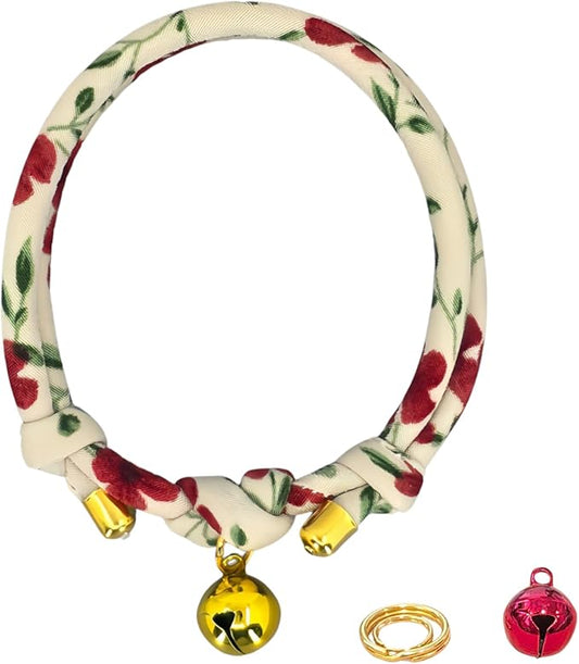 Cotton Christmas Cat Collar with Bell – Adjustable Slip-On Design, No Buckle, Lightweight Rope Collar for Kittens, Indoor Cats, and Small Pets (Ruby)