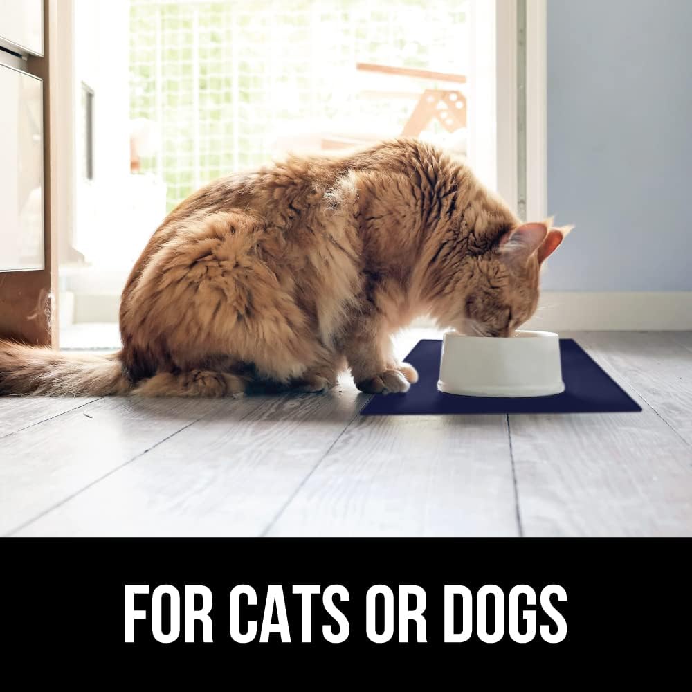 GORILLA GRIP 100% Waterproof Raised Edge BPA Free Silicone Pet Feeding Mat, Dog Cat Food Mats Contain Spills Protects Floors, Placemats for Cats and Dogs Water Bowl, Pets Accessories 16x10, Navy