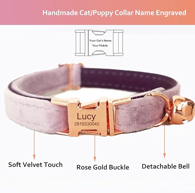 Cat Collar Personalized with Name Engraved and Bell, Customized Velvet Collars for Puppy Kittens (Purple, L)