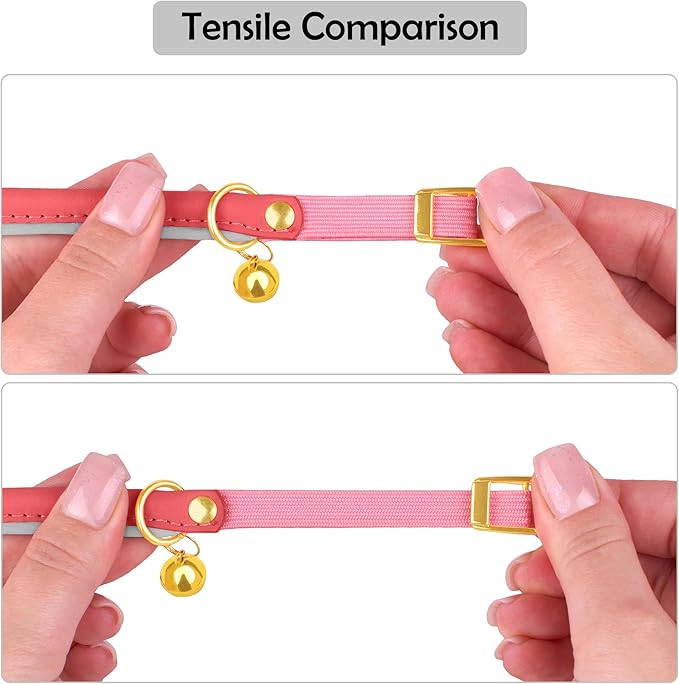 OOPSDOGGY Rolled Leather Cat Collar with Bell - Reflective Kitten Collar with Safety Elastic Strap - Adjustable Small Pet Collars for Boy Girl Cats (Pink)