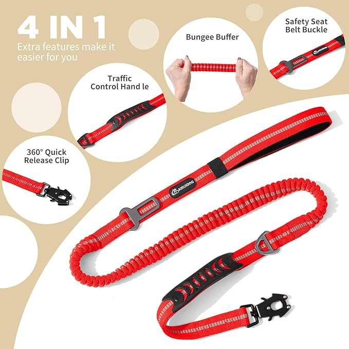 Heavy Duty Bungee Dog Leashes, 4-6FT Shock Absorbing Tactical Dog Leash with 2 Padded Handles, Metal Carabiner Clip, No Pull Reflective Dog Leash for Medium Large Dogs (Red)