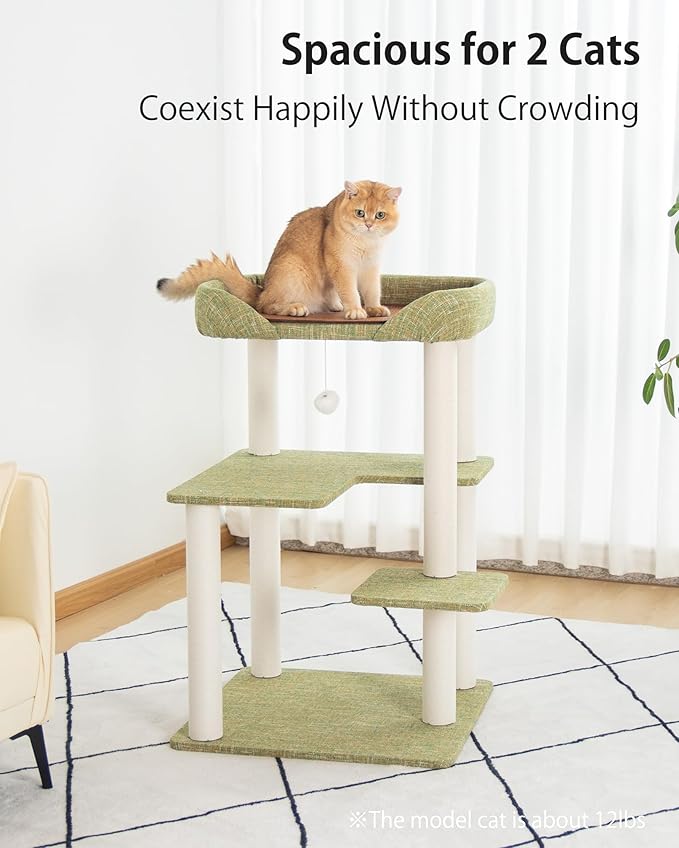 Cat Tree for Large Cat, Modern Senior Friendly Cat Tower with Wide Shelves Low Step, Cotton Scratching Posts, Super Sturdy Base, Cozy Perches, Interactive Toys (Linen Fabric Green 37.4-Inch)
