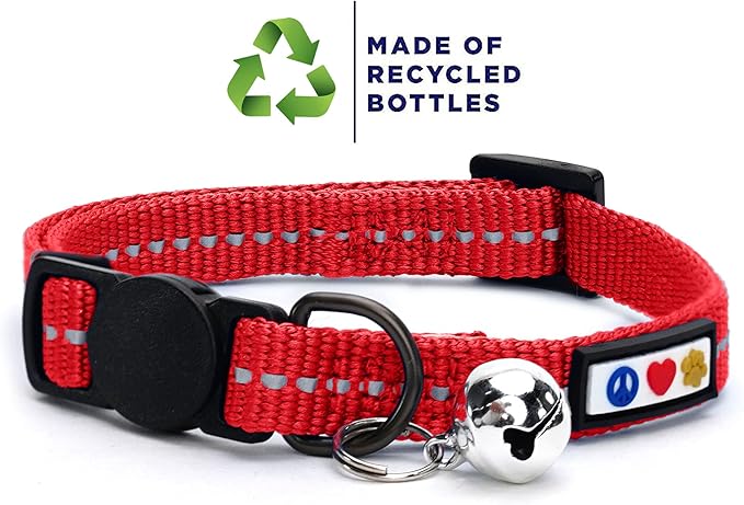 Pawtitas Recycled Red Reflective Cat Collar – Eco-Friendly Breakaway Safety Buckle, Adjustable Kitten & Adult Collar with Removable Bell and High-Visibility Strap