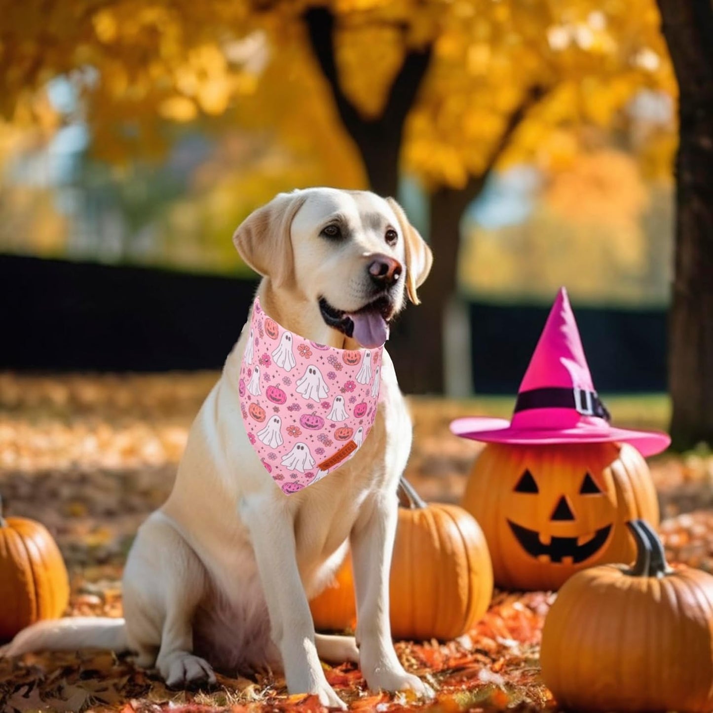ADOGGYGO Halloween Dog Bandana, Pink Pumpkin Ghost Scarf, Adjustable Fit Female Halloween Bandanas for Large X-Large Dogs Pets (X-Large)
