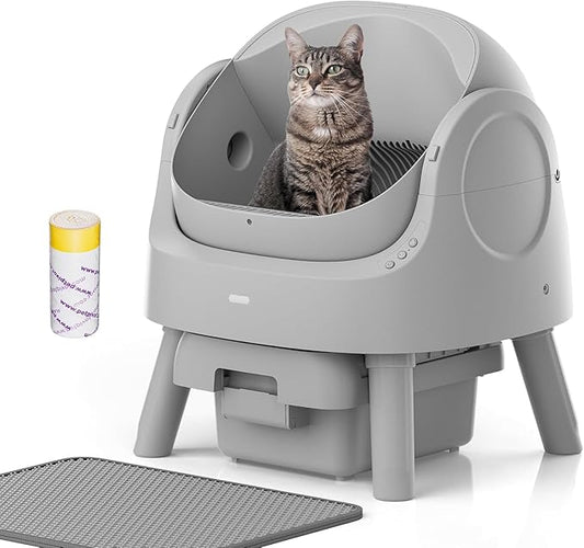 Self Cleaning Cat Litter Box, Open-Top Automatic Litter Box for Multiple Cats with Safety Sensors, Includes Liner Bags and Litter Mat, Grey