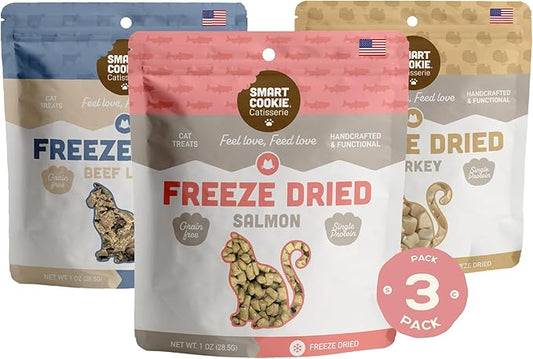 Smart Cookie Freeze Dried Cat Treats Variety Pack – Minimal Ingredient, High-Protein Snacks for Picky Cats – Beef Liver, Turkey, and Wild Caught Salmon – No Fillers, Made in The USA – 1oz (3 Pack)