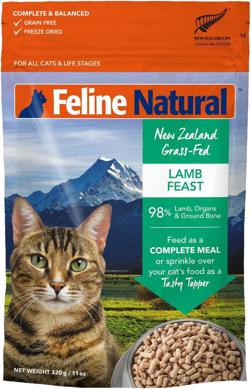 Feline Natural High Protein Dry Cat Food, Freeze-Dried Diet with 98% Meat, Organs & Seafood, No Peas, Grains, or Artificial Additives, Made in New Zealand, Lamb, 11oz
