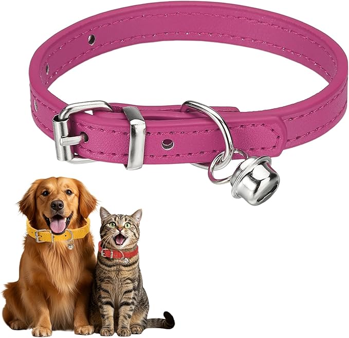 Dog Collar with Bell, Pu Leather Cat Collars Pet Basic Soft Padded Adjustable Buckle, 10" (Hot Pink, 1 Pcs), Intended for Teacup/Little Dog/Kitten Cats/Small Animals