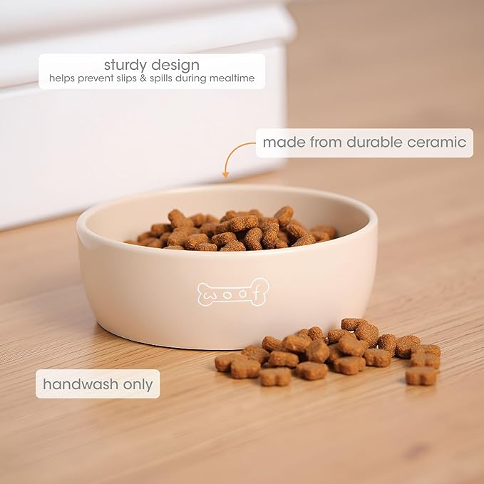 Pearhead Ceramic Dog Bowl – Neutral Taupe “Woof” Design, Holds 3 Cups, Non-Skid Stoneware Pet Feeding Dish, Medium