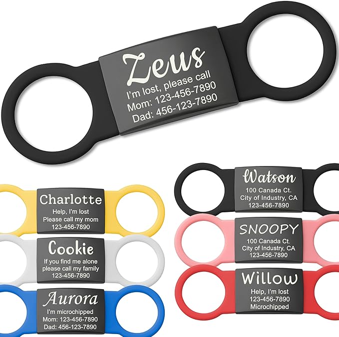 Anavia Slide On Silent Pet ID Tags, S/M/L/XL Personalized Black Stainless Steel Colored Silicone Cat Dog Name Tag, Customized Engraved Nameplate, Quiet Chew-Proof Pet Collar Tag (Black, Medium)