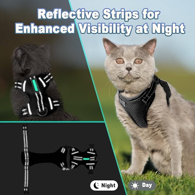 Cat Harness and Leash Set Escape Proof for Kitten Walking, Soft Adjustable Top Handle Vest Harnesses for Cats, Easy Control Breathable Reflective Small Medium Large, Black, XXS