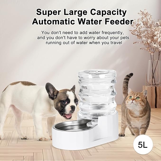 RIZZARI Dog Water Bowl Dispenser: 5L Large Automatic Stainless Steel Gravity Feeder with Specialized Brush and Triple Filter - for Cats with Joint Spine Pain - for Kitchen Bedroom