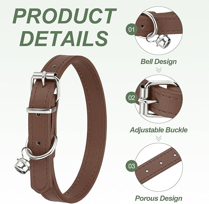 Dog Collar with Bell, Pu Leather Cat Collars Pet Basic Soft Padded Adjustable Buckle, 14.5" (Brown, 1 Pcs), Intended for Teacup/Little Dog/Kitten Cats/Small Animals