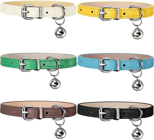 Weewooday 6 Pieces Leather Cat Collar with Bell Cute Pet Leather Kitten Collar for Boy Girl Cats with Safety Elastic Strap for Small Kitten Puppy(Fresh Color)