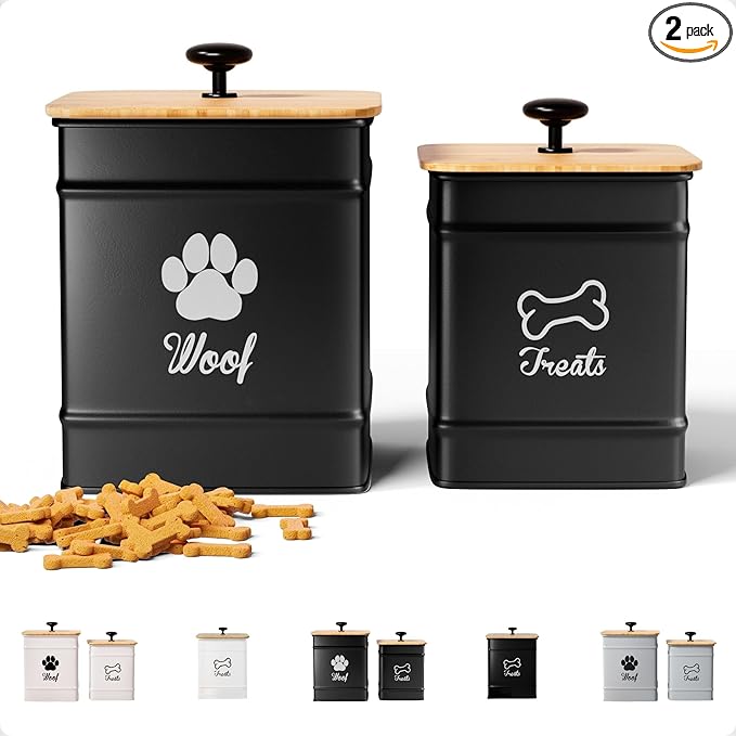 Dog Treat Container Airtight Set of 2 - 8x6 & 7x5 inch Iron Dog Treat Jars for Kitchen Counter with Airtight Bamboo Lids - 20 Cup Capacity Pet Treat Container Set - Doggie Cookie Jar - Treats Canister