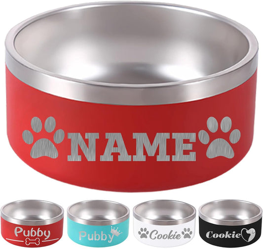 32OZ Personalized Dog Bowl Laser Engraved Custom Pet Name 18/32/42/64 oz No Slip Stainless Steel Insulated Bite-Resistant Food Water Dishes-Red