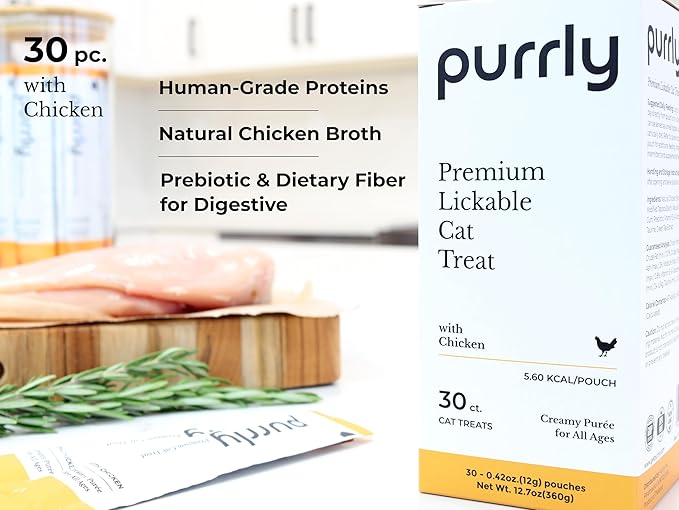 Purrly Lickable Wet Cat Treats Creamy Purée Human-Grade Chicken Breast with Prebiotic and Dietary Fiber for Digestive Health (30 Count) Non-Seafood Non-GMO No-Grains No-Artificial-Additives All Ages