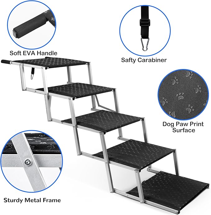 Niubya Portable Folding Dog Stairs for Cars, SUVs, Trucks - Lightweight Pet Ramp for Large Dogs with Non-Slip Surface - Reinforced Steps Support Up to 200 lb, 5 Steps