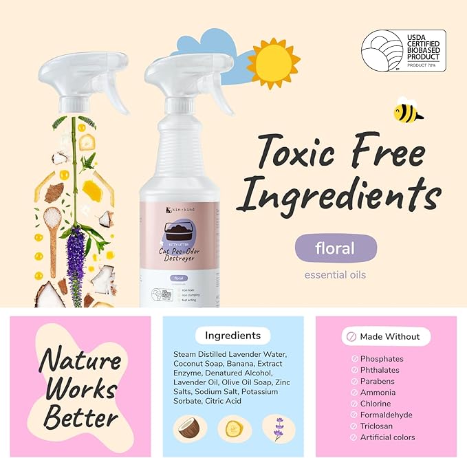 kin+kind Pet Odor Eliminator for Home - Litter Deodorizer, Pet Urine Odor Eliminator Spray and Stain Remover Spray for Harwood Floods, Carpet and Fabric - Pee, Odor and Stain Destroyer 32 fl oz