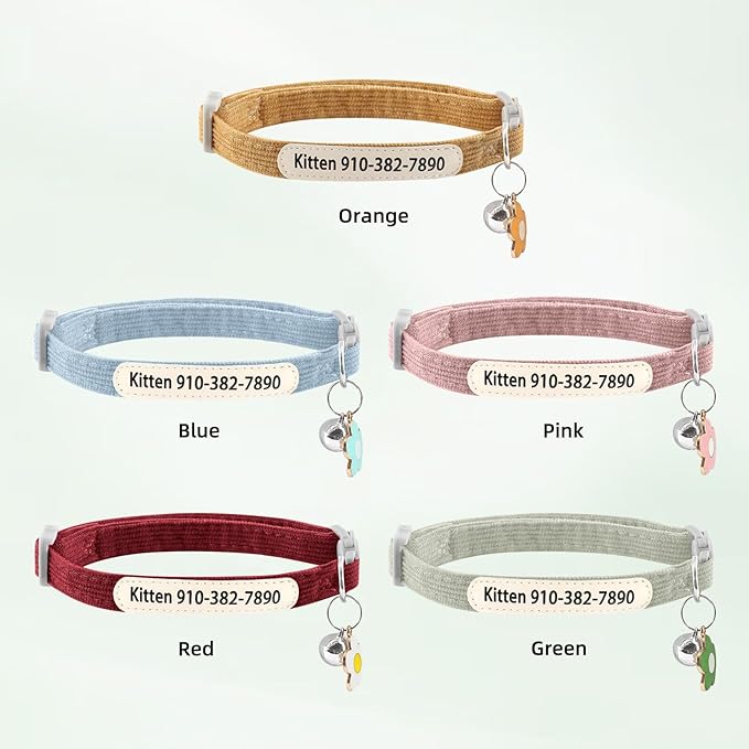 Personalized Cat Collar with Bell - Custom Kitten Breakaway Collars with UV Printed Pet Name and Phone Number Adjustable and Stylish (Corduroy)