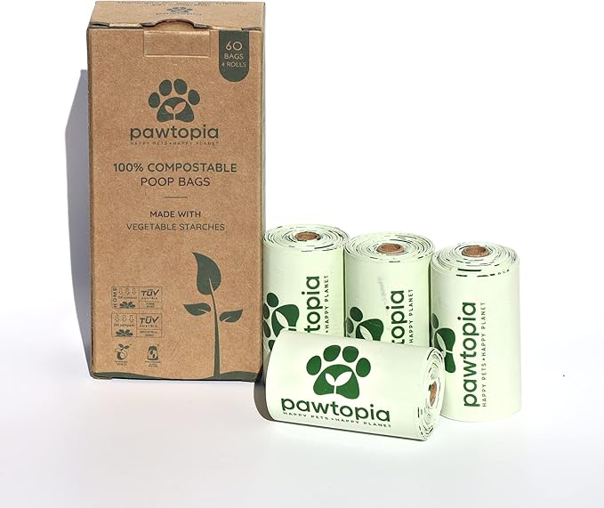 Pawtopia Biodegradable Dog Poop Bags, 60 Count, Certified Home Compostable, Leak-Proof, Easy Open