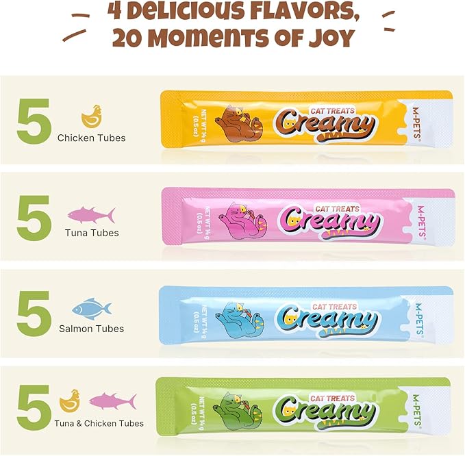 M-PETS Creamy Lickable Cat Treats – 4 Flavor Variety Pack, 20 Tubes of Healthy Squeeze Up Snacks with Functional Nutrients for Hydration, Skin & Coat, and Digestive Health – Grain Free, High Protein