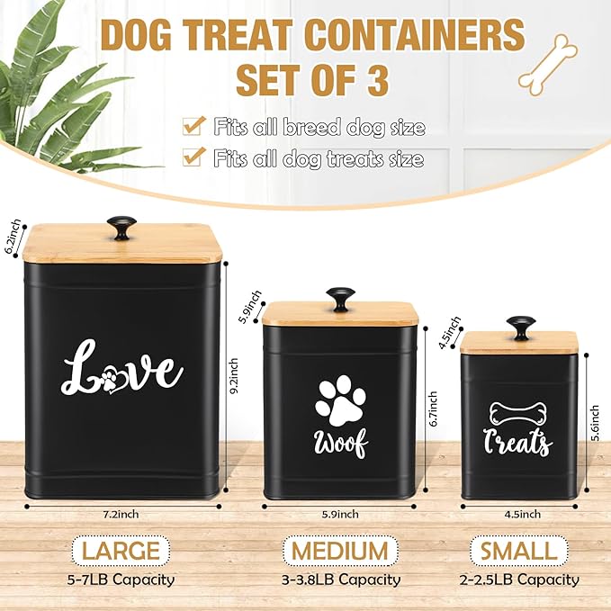 Metal Dog Treat Containers Set of 3 with Bamboo Lids and Spoon Airtight 7+3+2 lbs Dog Food Snack Jars with DIY Labels Big Pet Cookie Storage Jar for Kitchen Counter(Black,Classic)