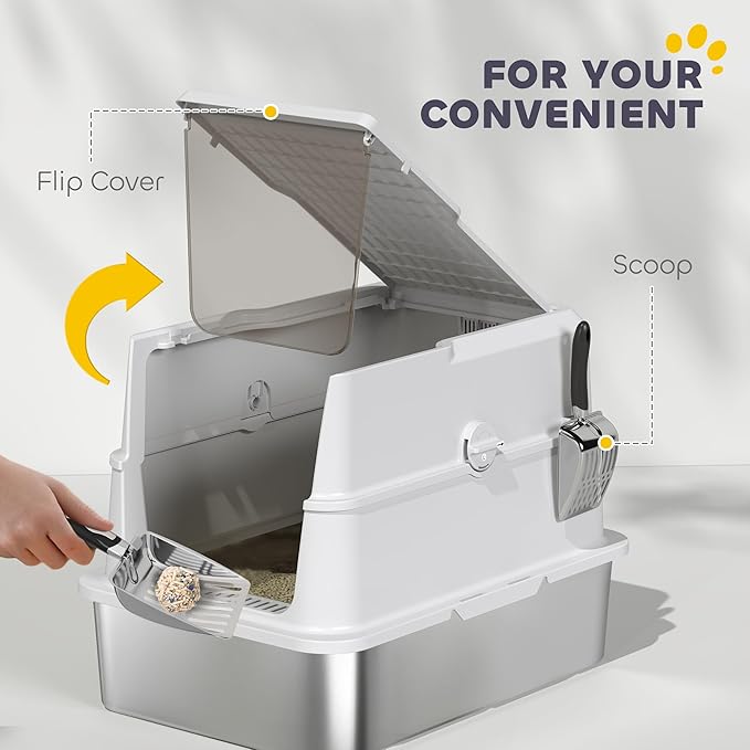 PawHut XL Stainless Steel Cat Litter Box with Lid, Extra Large Enclosed Metal Litter Box for Big Cats with Scoop, Flip Top, Easy Clean & No Odors, Non-Sticky