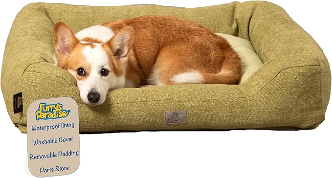 Furry's Paradise Cuddler Waterproof Bolster Pet Bed with Recycled Fibers and Non-Slip Bottom. (Olive Green, Medium)