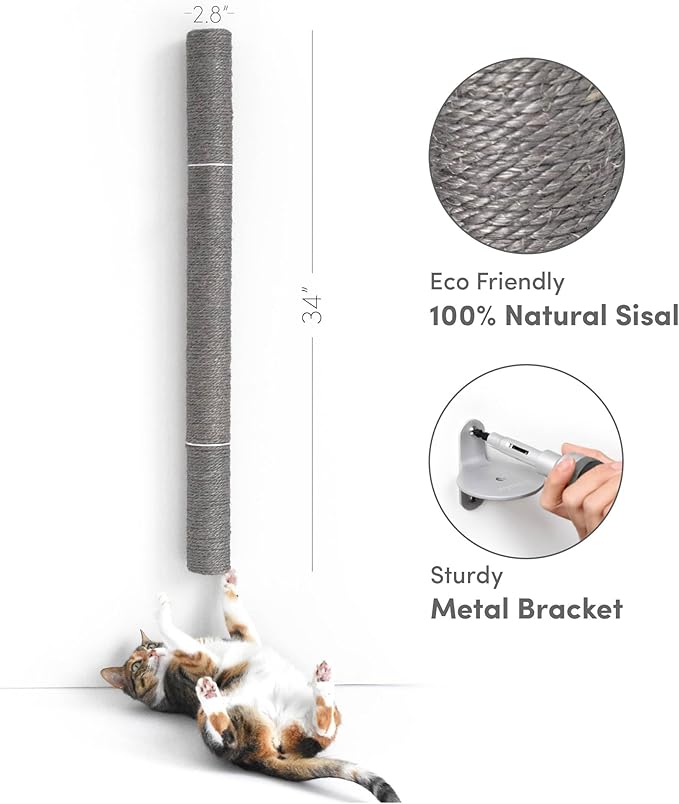 34" Wall Mounted Cat Scratcher, Sisal Scratching Post - Grey