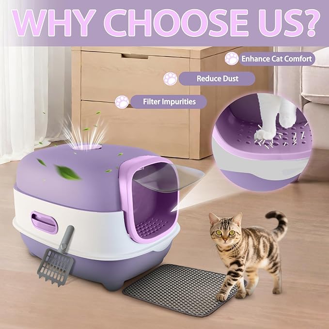 Large Cat Litter Box with Cat Litter Scoop, Foldable Litter Box with Lid, Front Entry and Exit Leak-Proof Litter Cat Box, Odor Control, Easy to Clean (Purple)