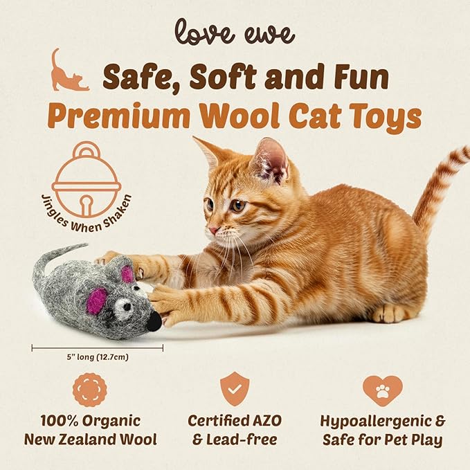 Hustle & Blush Wool Felt Balls 3 Pack Love Ewe Pet Supplies - 2 in Felted Wool Cat Toys 100% New Zealand Wools Felt Cat Toys Handmade Wools Felts Balls - Cats Felts Ball with Bell - Roll The Mice