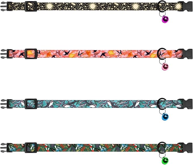 4PCS Breakaway Cat Collars with Bell - Cute Soft Adjustable Safety Kitten Collars 4-Pack - Nylon Pet Collars Nature Tribal Striped Floral Space Aztec Flowers Print (Nature)