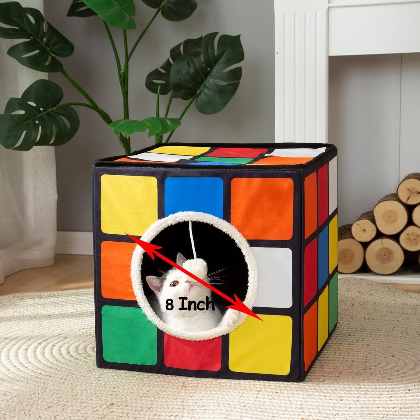 LUCKITTY Cat Condo House with Reversible Cushions and Fluffy Ball Hanging, Foldable Magic Cube, Large Cave Bed for Indoor Cats, Unique Puzzle Shape 15.7“ x 15.7" x 13.4”