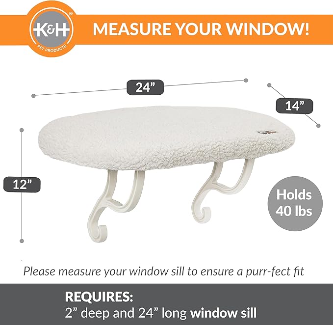 K&H Pet Products Kitty Sill Cat Window Perch for Large Cats, Orthopedic Window Hammock Bed Holds 40LBS, Washable Cover, Kitty Windowsill Bed Seat for Indoors - Cream Fleece, Unheated, 14 X 24in