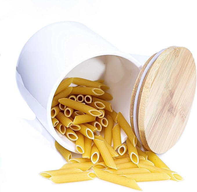 ARTHAUSEN White Ceramic 600mL 2 cup Food Storage Jar Canister with Airtight Bamboo Lid with Silicone Seal, Modern Farmhouse Design Food Container for Counter - Great for Tea Coffee Sugar Caddy