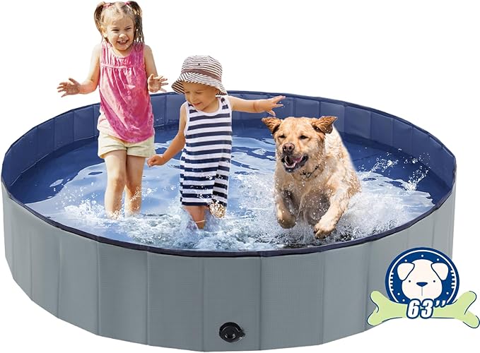 Foldable Dog Bath Swimming Pool 63'' Plastic Kiddie Pool Professional Tub Collapsible Grooming Bathtub for Pets Kids Baby and Toddler, 63 x 12 Inches Gray