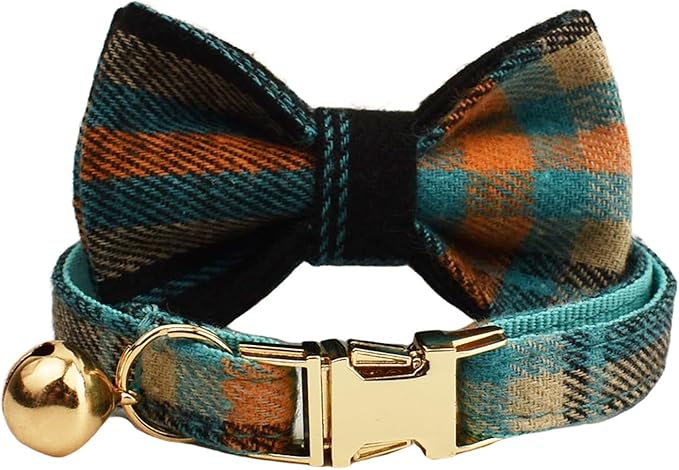 Plaid Polyester Personalized Cat Collar with Name & Owner Phone, Customizable Laser-Engraved, Charming Bell, Metal Buckle for Kittens and Cats - Matching Leash Available (Style-O)