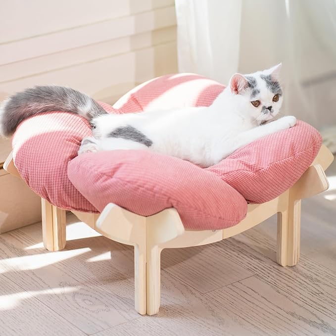 CHEERHOME PETS Elevated Cat Bed Wooden with Cushion Fluffy Pet Couch Sofa for Indoor Cats Raised Kitty Lounge Chair Suitable for Puppy, Cat Furniture(Pink)