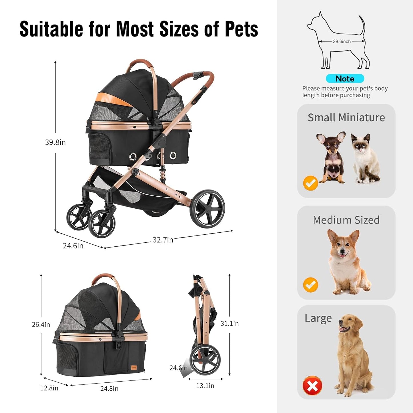 EchoSmile 4 in 1 Pet Stroller, Folding Lightweight Cat & Dog Stroller with Detachable Carrier, NO-Zip 180° Reversible Canopy, All Terrain 4-Wheel,45 lbs Capacity for Small to Medium Dogs