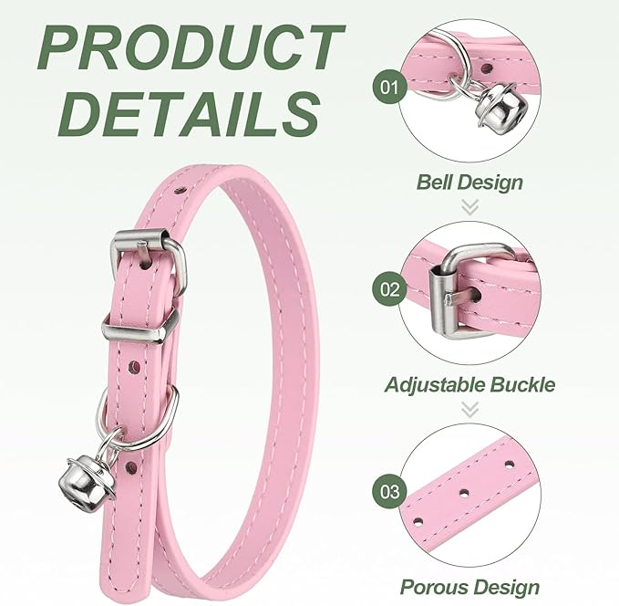 Dog Collar with Bell, Pu Leather Cat Collars Pet Basic Soft Padded Adjustable Buckle, 12" (Pink, 1 Pcs), Intended for Teacup/Little Dog/Kitten Cats/Small Animals