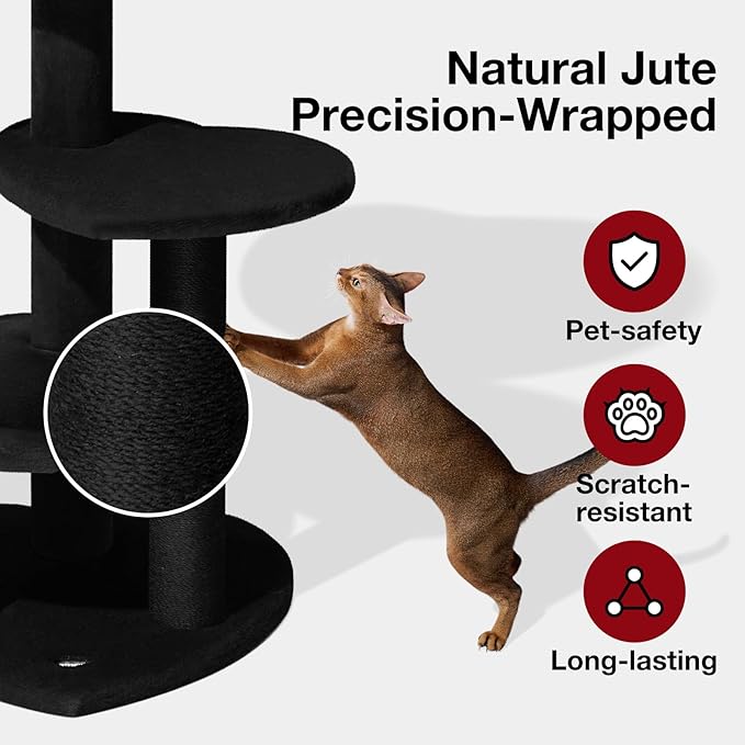 VETRESKA Cat Tree for Indoor Cats, Multi Level Cat Tower with Cat Scratching Post, Cute Cat Climbing Tree with Dangling Toy for Cats（Black）