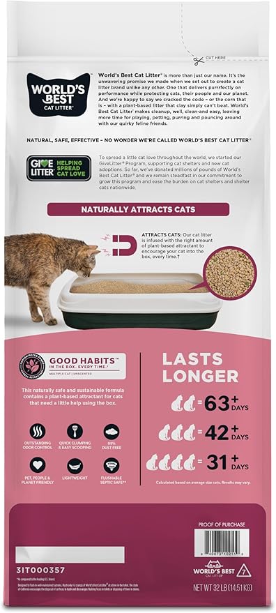 WORLD'S BEST CAT LITTER Good Habits Cat Attract Litter | Natural Plant-Based Attractant | Multicat Flushable Corn Litter | Unscented Odor Control | Low Tracking & Lightweight | Made in USA 32lb Bag